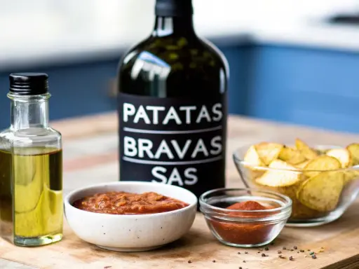 Ingredienser för patatas bravas recept: en flaska patatas bravas sås, olivolja, två skålar med sås och en skål med potatis.