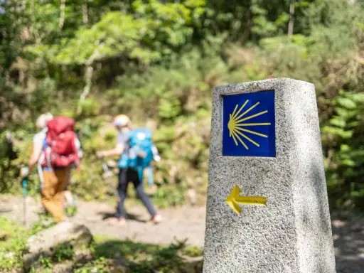 Pilgrimer på Santiago de Compostela vandring följer en sten med snäckskalssymbolen och en pil.
