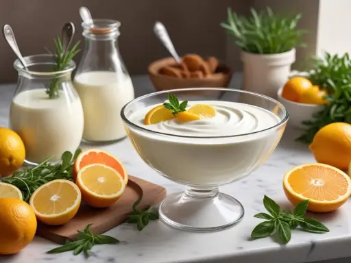 En skål med vispad creme fraiche, garnerad med citronskivor och mynta. Runtom finns färska citroner, apelsiner och örter.