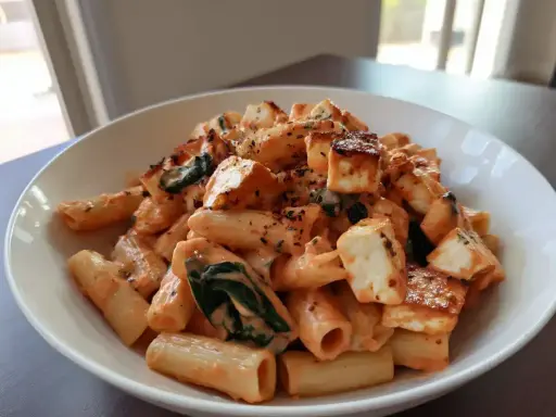 En krämig halloumi pasta i tomatsås med spenat, toppad med grillad halloumi.