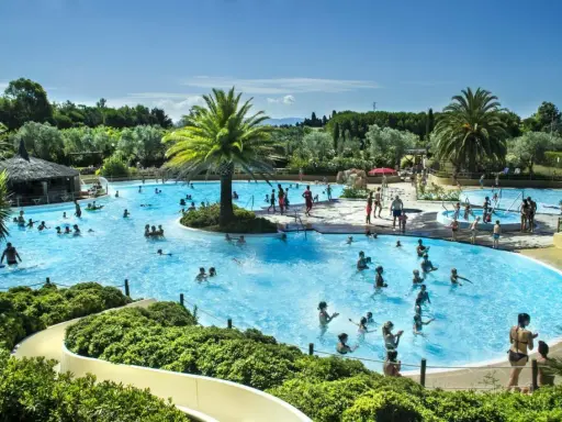 En stor pool med många badande människor, palmer och en vattenrutschkana. En härlig semesterbild från ett camping i Italien.