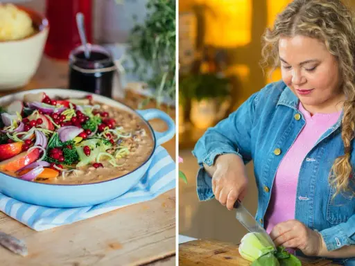 Susanne Jonsson recept: en matig gryta med grönsaker och bär, och en kvinna som förbereder mat.