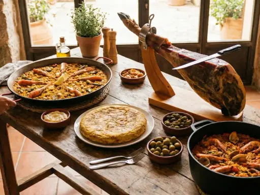 En generös spansk måltid med paella, jamón ibérico, tortilla och oliver. En fest för ögat och magen!