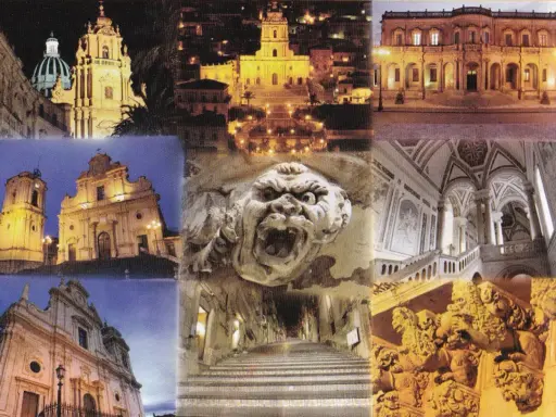 En samling bilder visar Siciliens arkitektur: kyrkor, en herrgård, en skrämmande gargoyle och en storslagen trappa. Noto Sicilien är en plats fylld av historia.