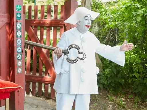 En clown med vit smink och stor hatt håller en nyckel med texten "Dyrehavs Bakken". Han står vid en röd grind.