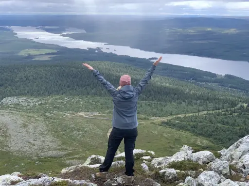 En person med armarna uppsträckta njuter av en fantastisk utsikt över sjöar och skogar under en Lofsdalen vandring.