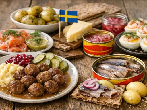 En härlig buffé med typisk svensk mat: köttbullar, sill, lax, ägg med räkor, potatis och lingonsylt. En svensk flagga vajar stolt.