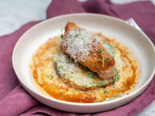 En elegant rätt med kött, grön puré och en krämig sås, toppad med riven ost och örter. Ett perfekt fine dining recept.