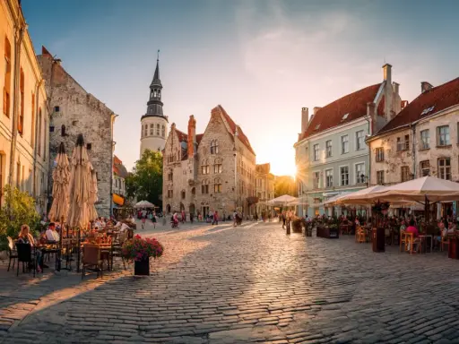 Solnedgång över kullerstensbelagd torg i Tallinn, med uteserveringar och historiska byggnader. Perfekt för **europa tips**.