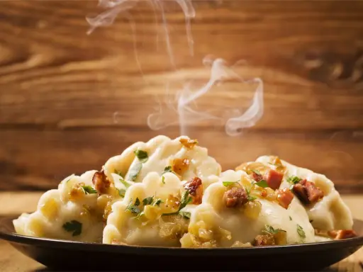 Ångande pierogi, en klassisk polsk mat, serveras på en mörk tallrik med lök och persilja.
