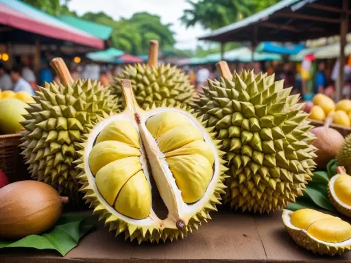 En marknad med flera durian frukt, en del uppskuren och visar det gula fruktköttet.