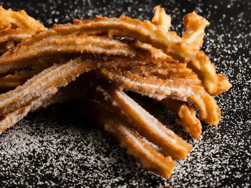 En hög med gyllene, sockerbeströdda churros, en härlig friterad deg, ligger på en mörk yta.
