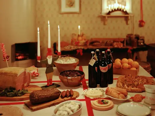 Julbord i Sverige med julmat som skinka, korv, risgrynsgröt och julmust. En tomte ljusstake lyser upp bordet.