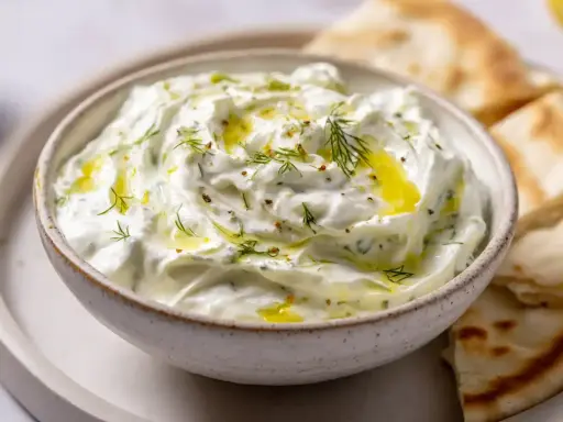 Krämig tzatziki med dill och olivolja, perfekt till pitabröd. Ett enkelt tzatziki recept för alla.