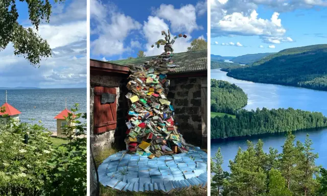 Konstinstallation av böcker som rinner nerför en vägg, en sjö med röda tak och en vacker sjö med skogsklädda öar. Guldkorn i Småland.