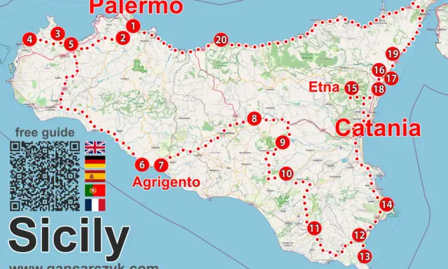 Karta visar var ligger Sicilien med markerade städer som Palermo, Catania och Agrigento. En rutt med numrerade stopp leder genom ön.
