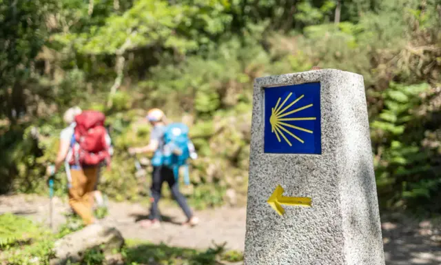 Pilgrimer på Santiago de Compostela vandring följer en sten med snäckskalssymbolen och en pil.