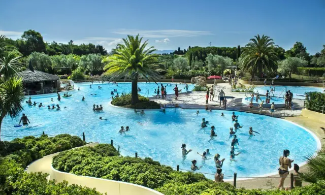 En stor pool med många badande människor, palmer och en vattenrutschkana. En härlig semesterbild från ett camping i Italien.