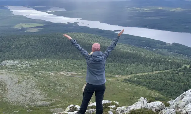 En person med armarna uppsträckta njuter av en fantastisk utsikt över sjöar och skogar under en Lofsdalen vandring.
