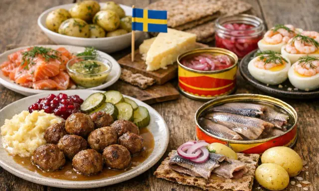 En härlig buffé med typisk svensk mat: köttbullar, sill, lax, ägg med räkor, potatis och lingonsylt. En svensk flagga vajar stolt.