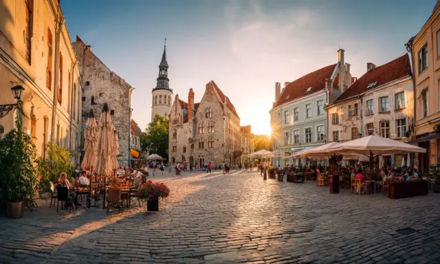 Solnedgång över kullerstensbelagd torg i Tallinn, med uteserveringar och historiska byggnader. Perfekt för **europa tips**.