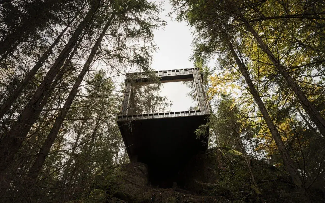 En modern kub med stora fönster svävar bland träden på Hyssna Forest Resort.
