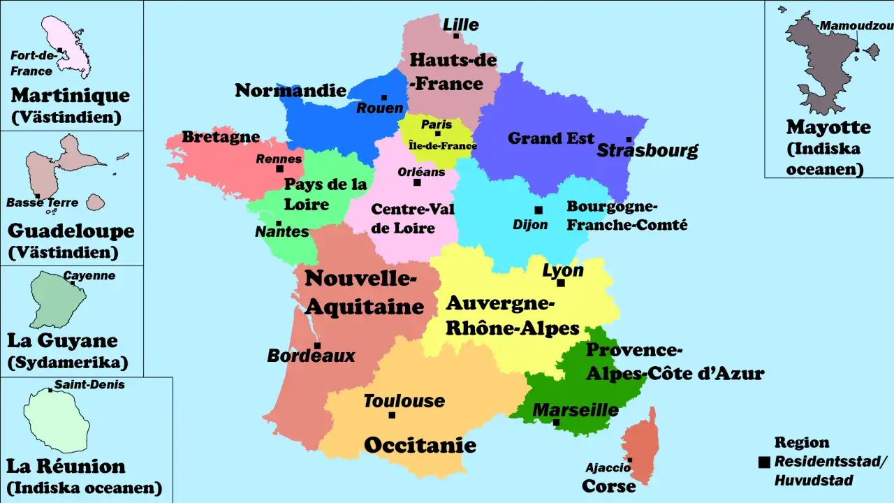 Karta över Frankrikes regioner, inklusive utomeuropeiska områden som Martinique och Réunion. Här finns fakta om Frankrike.