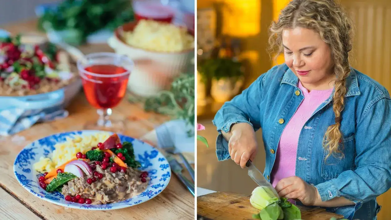 Susanne Jonsson recept: En kvinna förbereder mat. På bordet syns en tallrik med köttgryta, potatismos, grönsaker och lingon.