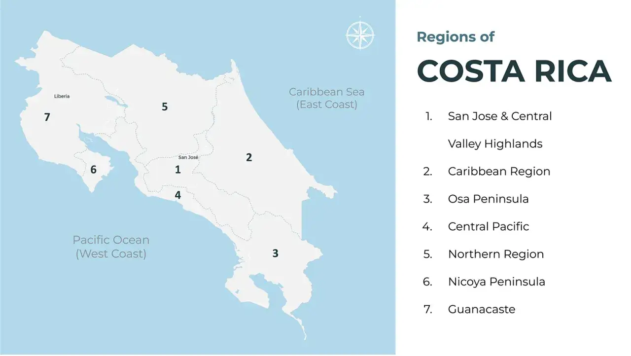Karta över Costa Ricas regioner, bra för tips inför din resa till Costa Rica. Visar Guanacaste, Nicoya, San José m.fl.