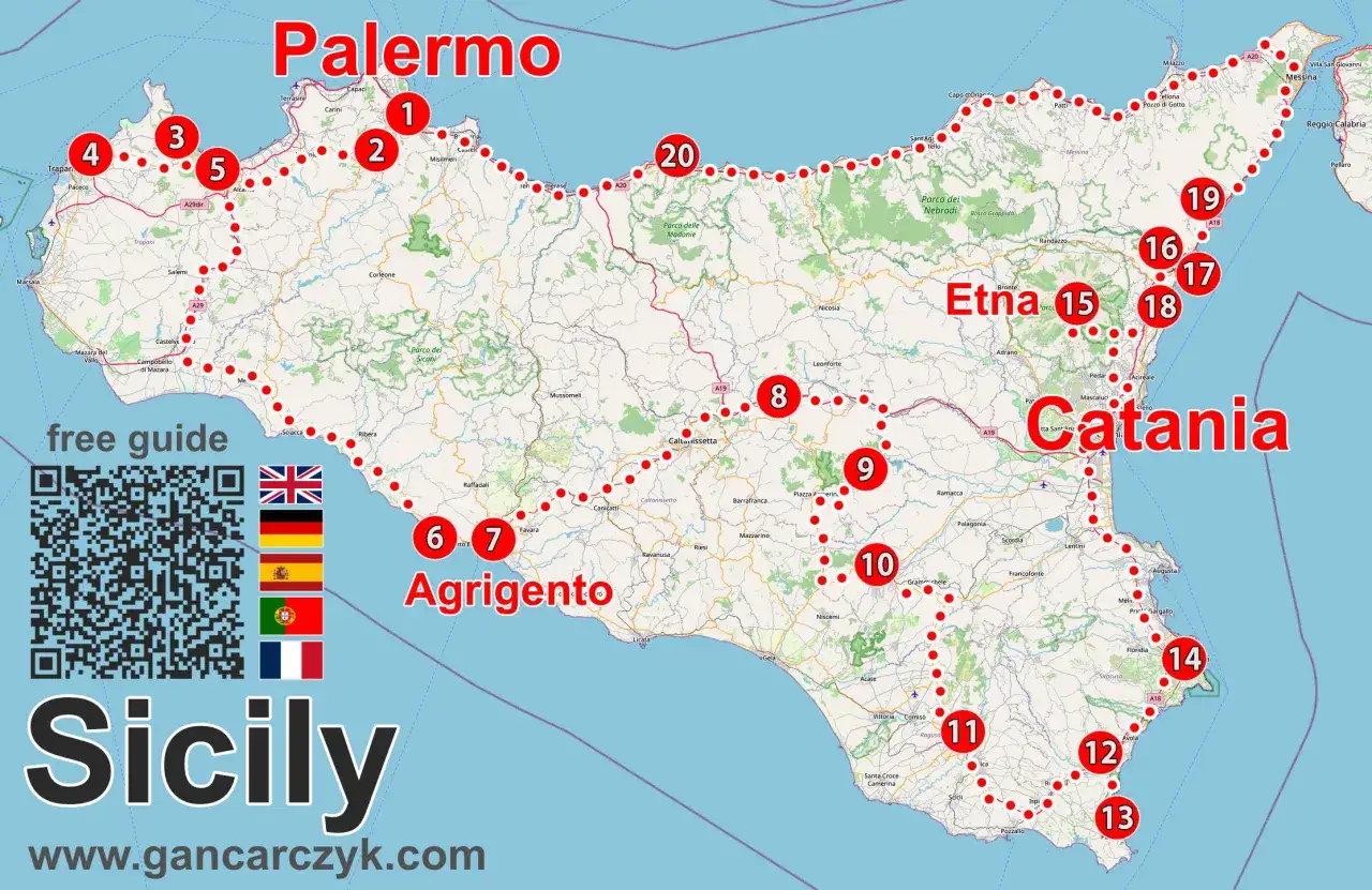Karta visar var ligger Sicilien med markerade städer som Palermo, Catania och Agrigento. En gratis guide finns tillgänglig.