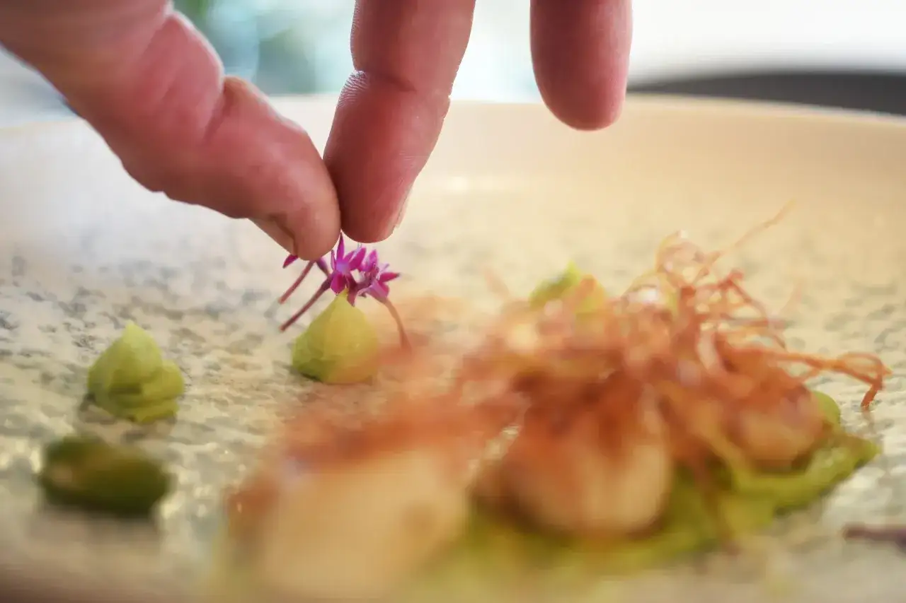 En hand dekorerar en tallrik med en liten lila blomma, en fin detalj f&ouml;r att ge europa tips om matlagning.