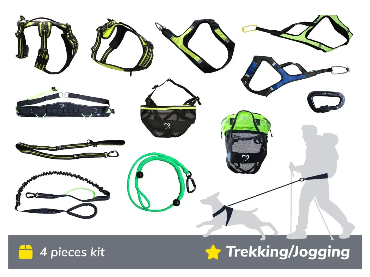 Utrustning f&ouml;r att vandra med hund: selar, koppel och midjeb&auml;lte. Perfekt f&ouml;r aktiva &auml;ventyr!
