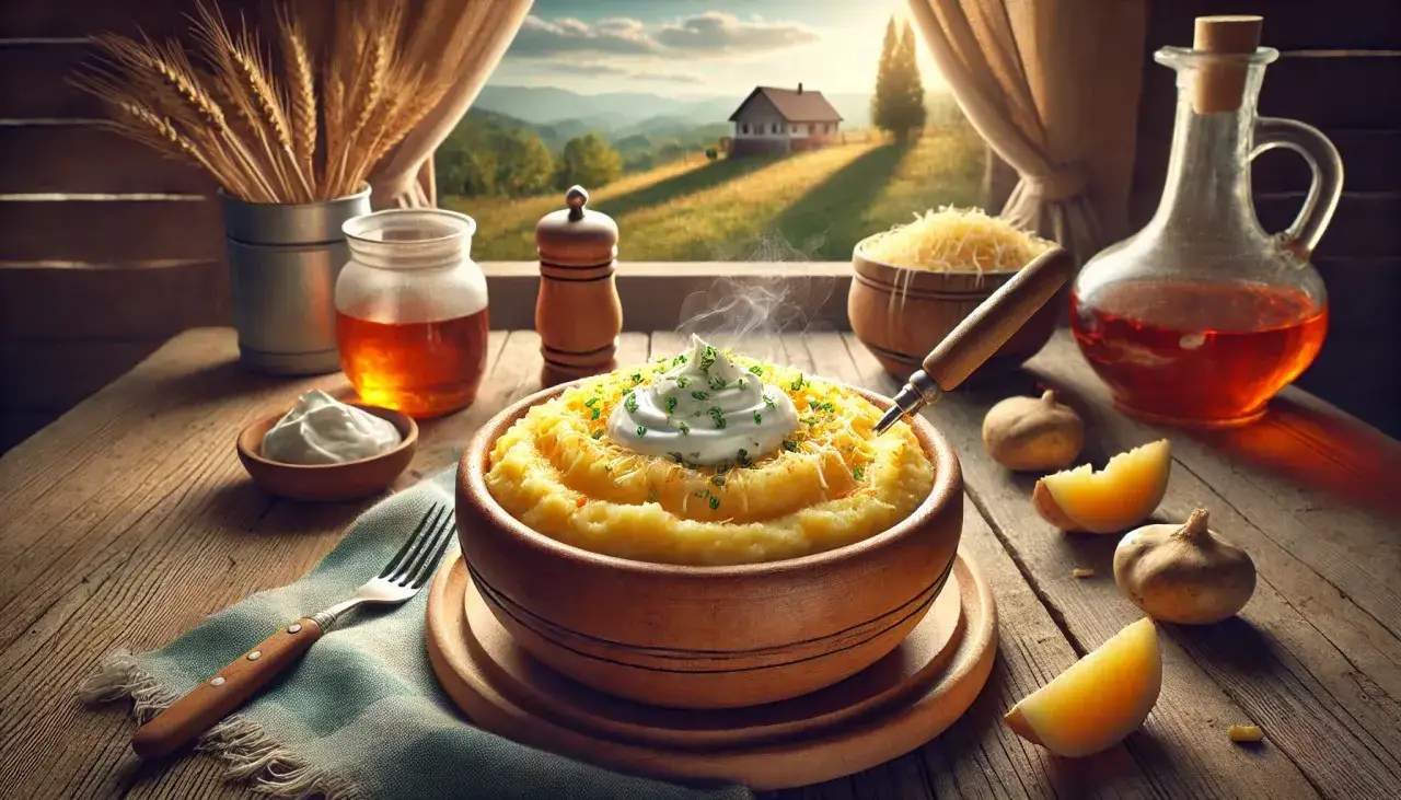 En skål med krämigt potatismos, toppad med gräddfil och ost. En smak av Montenegro mat med en vacker bakgrund.