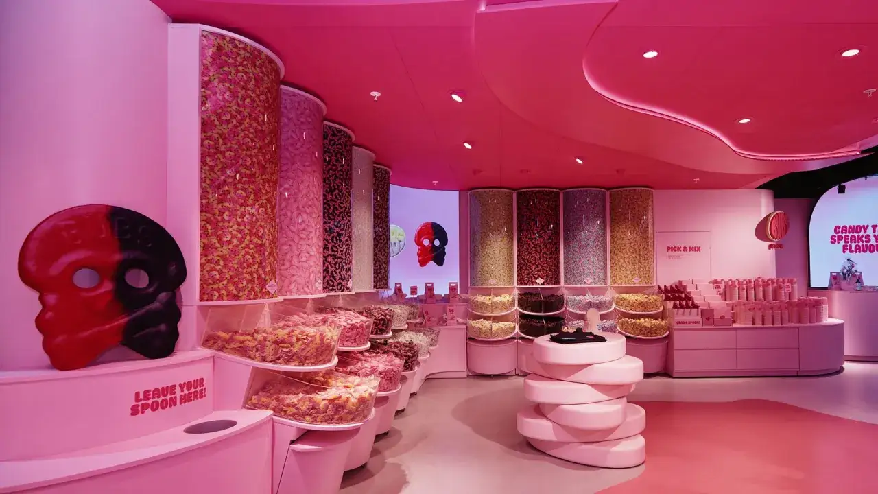 En rosa godisbutik i Bubs Stockholm med enorma godisbehållare och en stor röd/svart skalle.