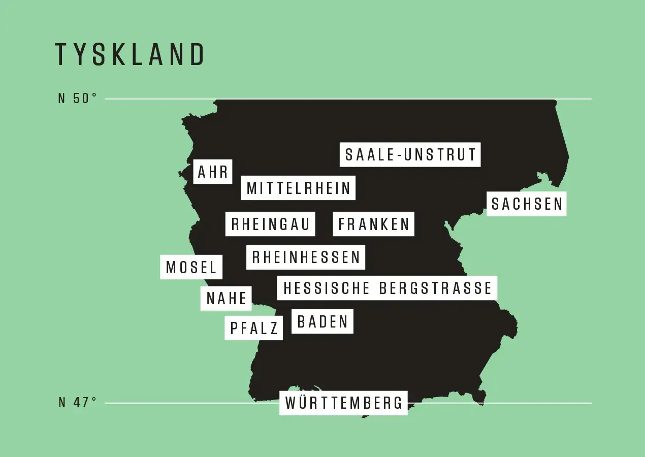 Karta över Tyskland med vinregioner som Ahr, Mosel, Rheingau, Franken, Sachsen. Fakta om Tyskland.