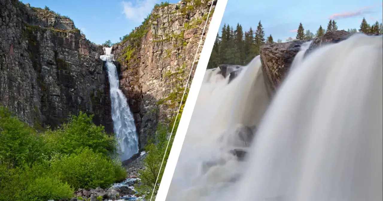 Två mäktiga vattenfall i Sverige. Till vänster ett högt fall i en klippig ravin, till höger ett brett, brusande vattenfall.
