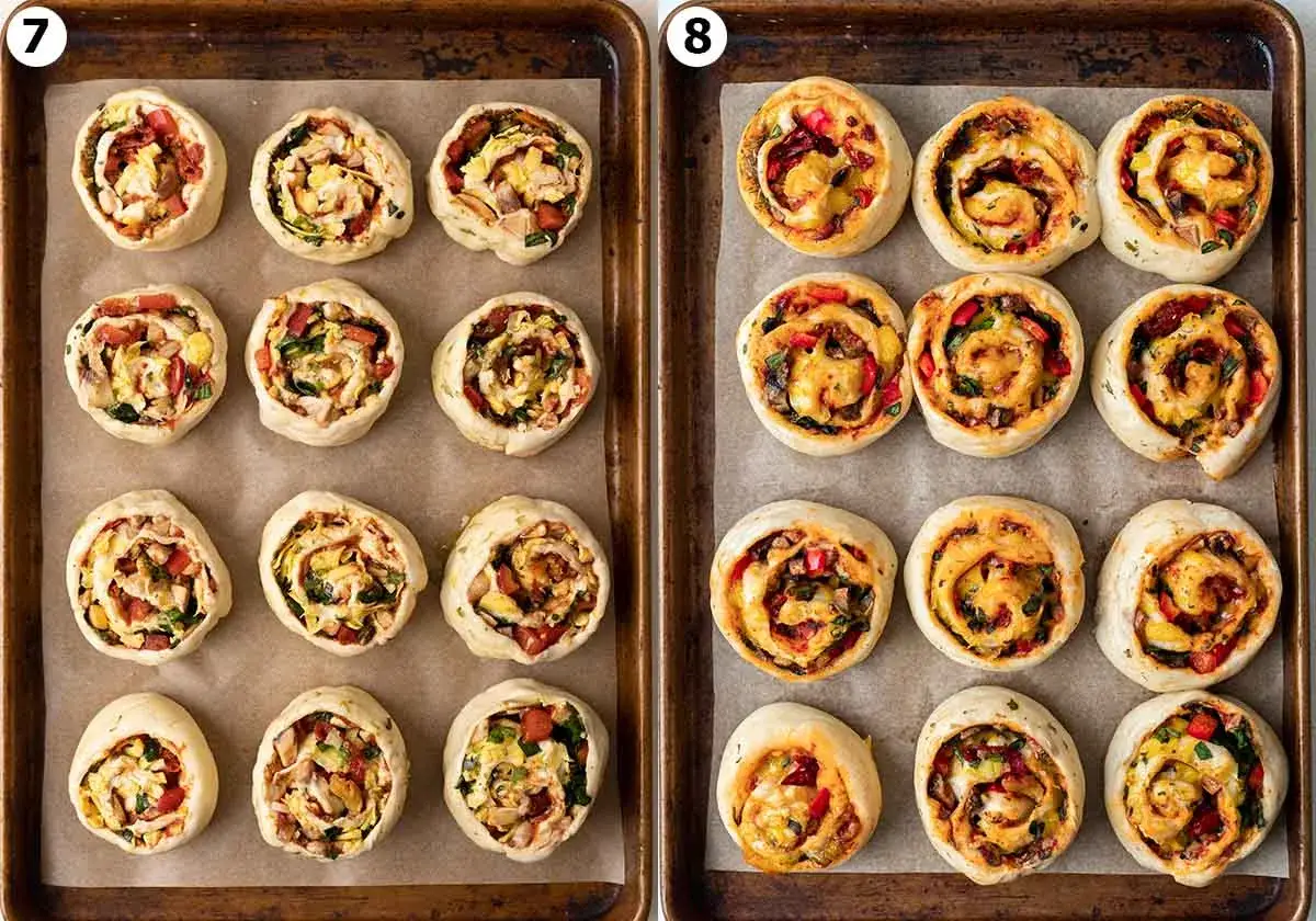 Tv&aring; brickor med nybakade vegetariska pizzabullar, redo att avnjutas.