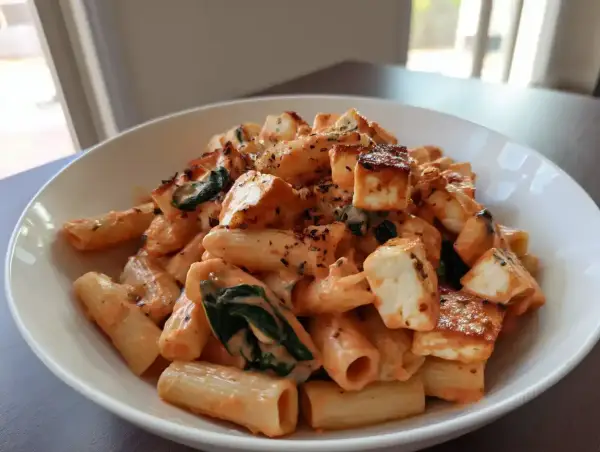 En krämig halloumi pasta i tomatsås med spenat, toppad med grillad halloumi.