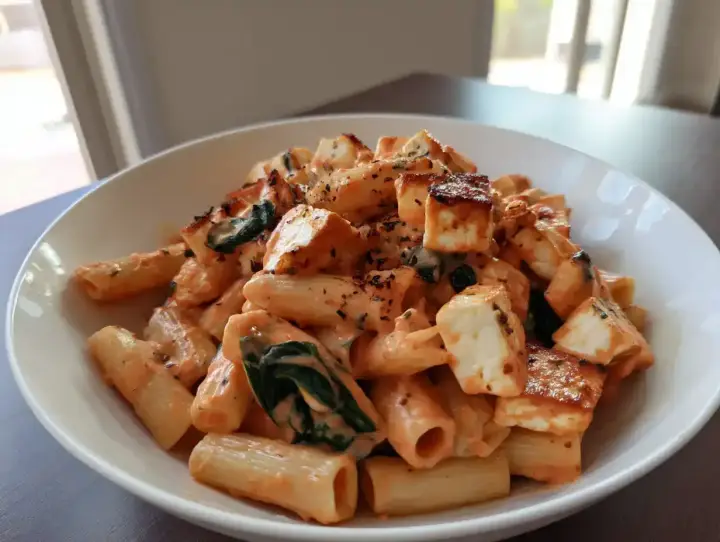 En krämig halloumi pasta i tomatsås med spenat, toppad med grillad halloumi.